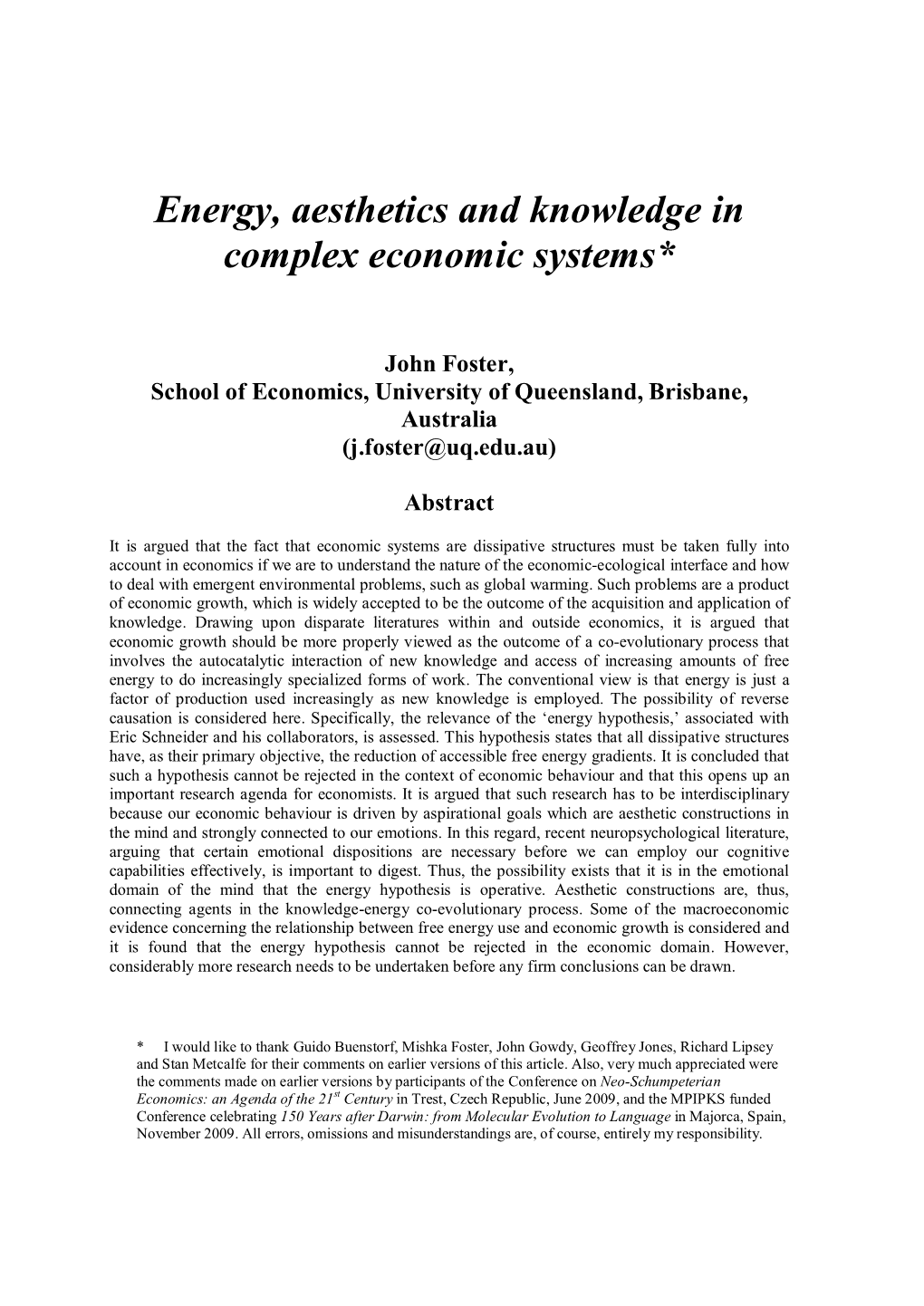 Energy, Aesthetics and Knowledge in Complex Economic Systems*