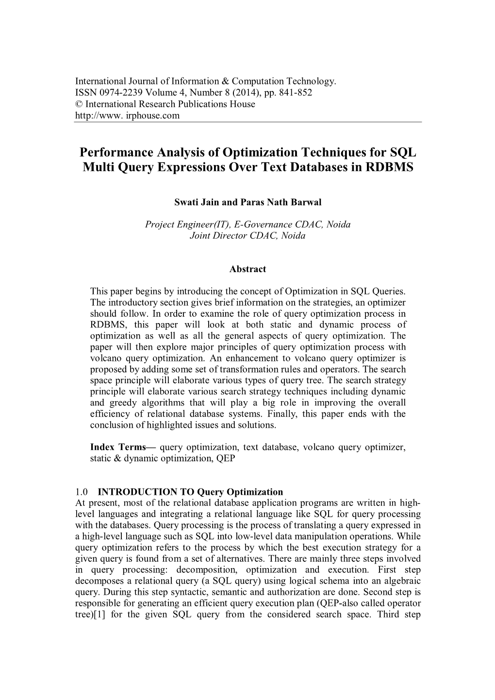 Performance Analysis of Optimization Techniques for SQL Multi Query Expressions Over Text Databases in RDBMS