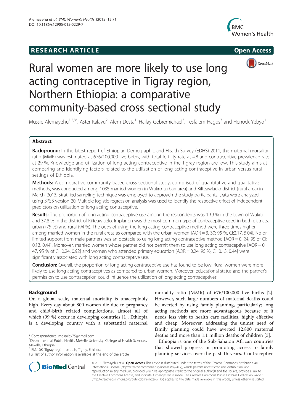Rural Women Are More Likely to Use Long Acting Contraceptive in Tigray Region, Northern Ethiopia: a Comparative Community-Based