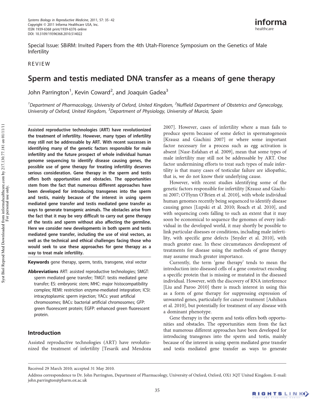 Sperm and Testis Mediated DNA Transfer As a Means of Gene Therapy