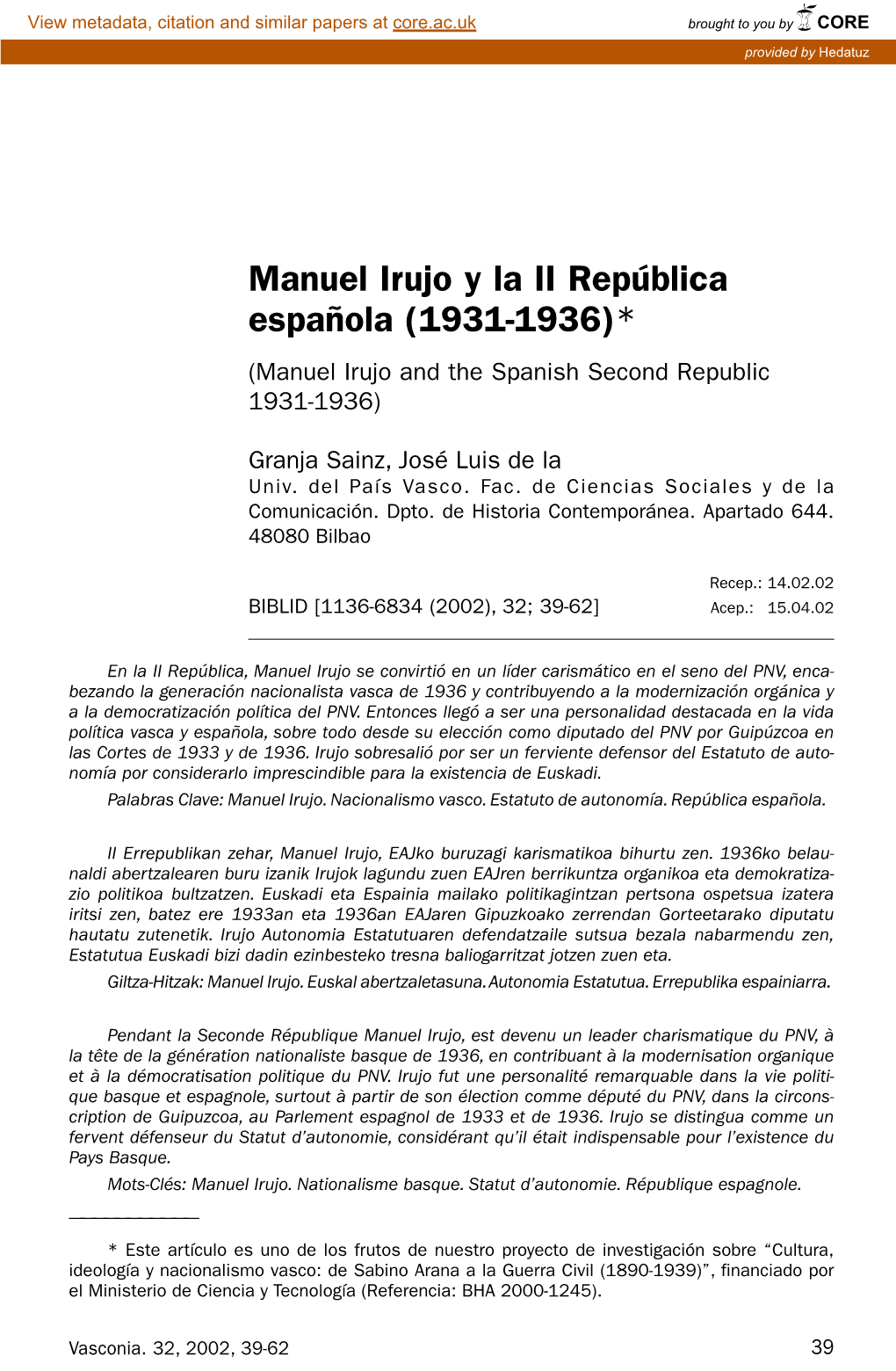 Manuel Irujo Y La II República Española (1931-1936)* (Manuel Irujo and the Spanish Second Republic 1931-1936)
