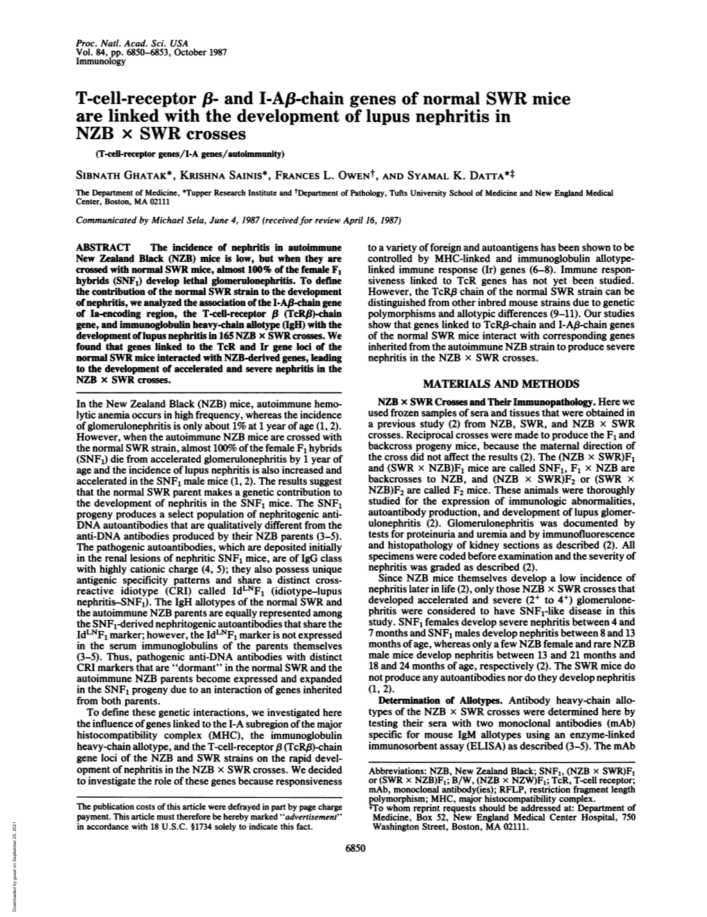 T-Cell-Receptor ,8- and I-An-Chain Genes of Normal SWR Mice Are Linked with the Development of Lupus Nephritis in NZB X SWR Cros