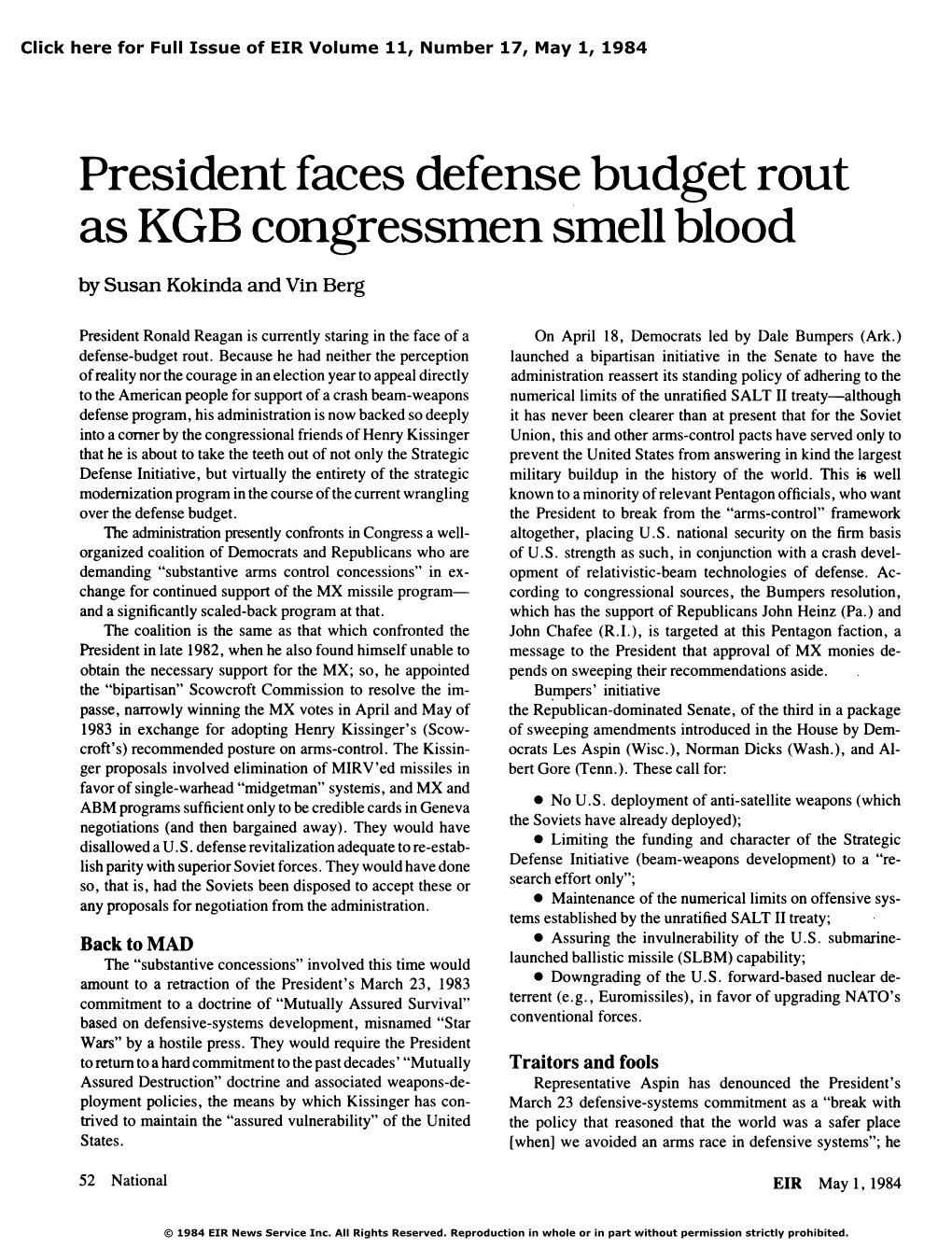 President Faces Defense Budget Rout As KGB Congressmen Smell Blood