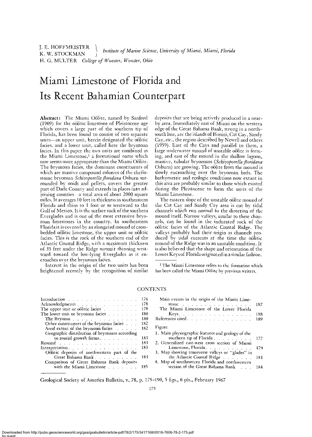 Pdf/78/2/175/3417168/I0016-7606-78-2-175.Pdf by Guest on 26 September 2021 176 HOFFMEISTER and OTHERS—MIAMI LIMESTONE, FLORIDA