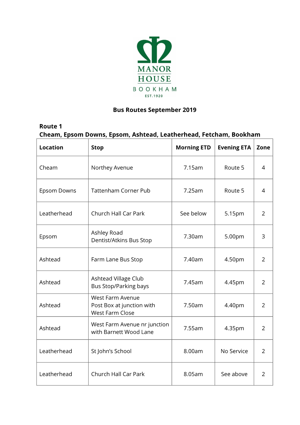 Bus Routes September 2019 Route 1 Cheam, Epsom Downs, Epsom