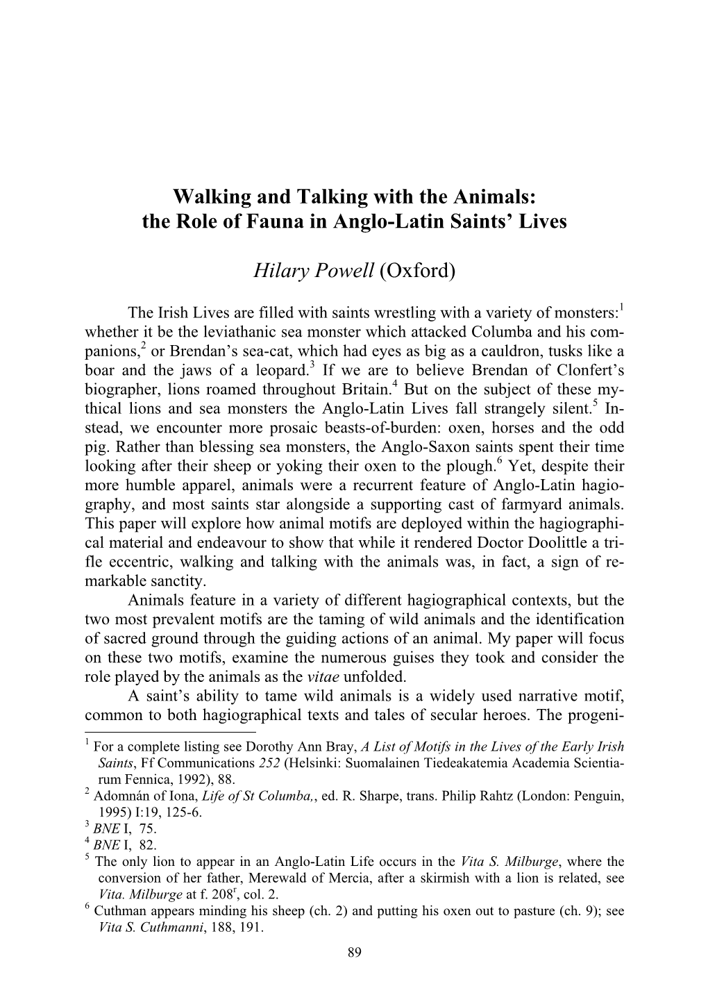 The Role of Fauna in Anglo-Latin Saints' Lives Hilary Powell