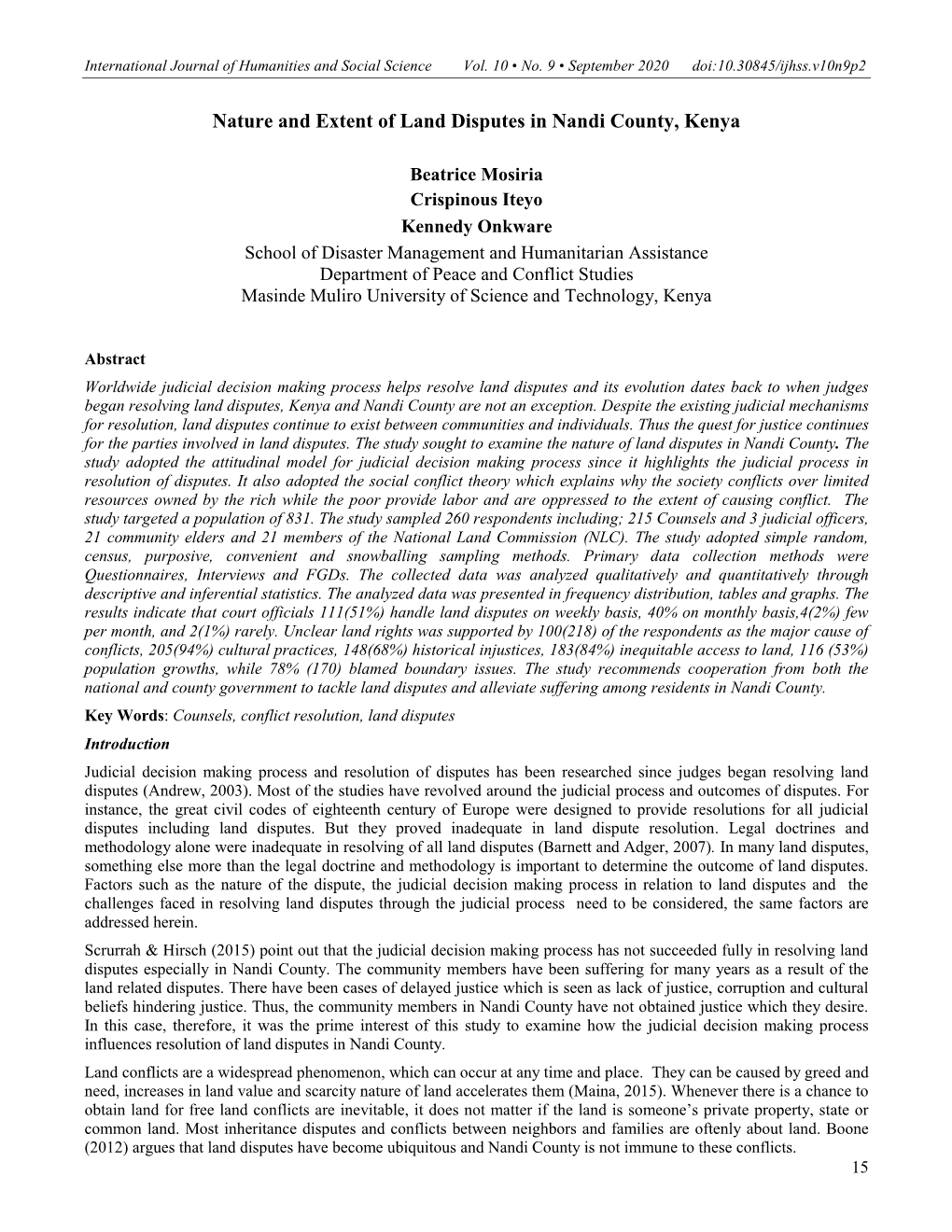 Nature and Extent of Land Disputes in Nandi County, Kenya