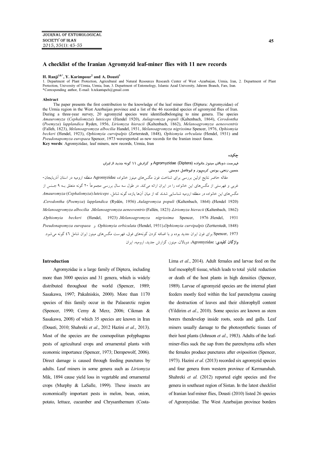 A Checklist of the Iranian Agromyzid Leaf-Miner Flies with 11 New Records