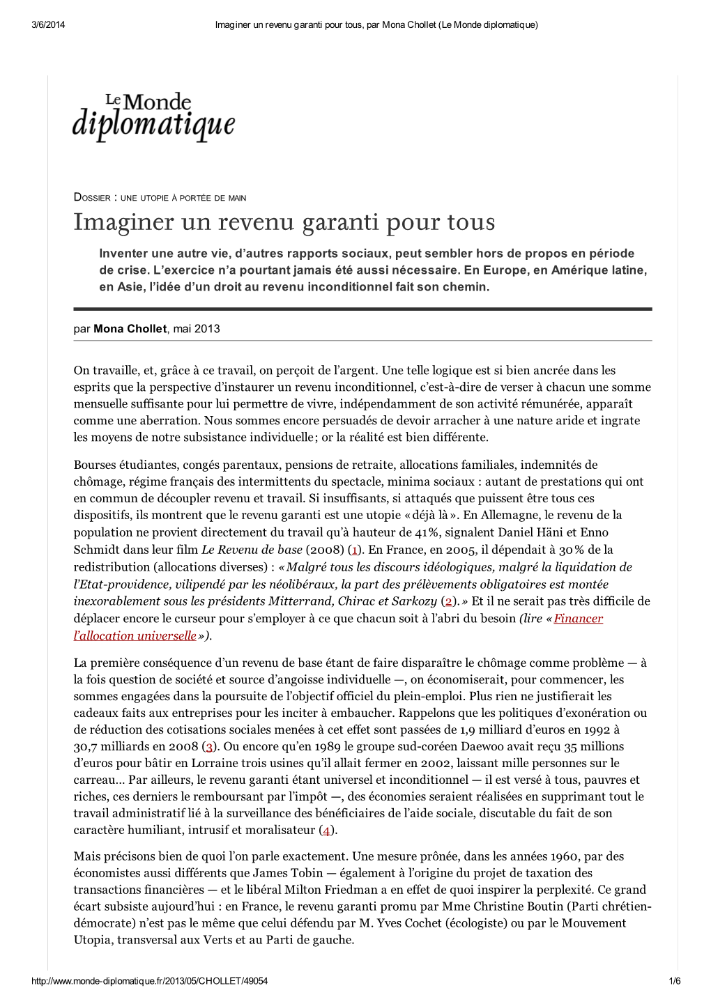 Imaginer Un Revenu Garanti Pour Tous, Par Mona Chollet (Le Monde Diplomatique)