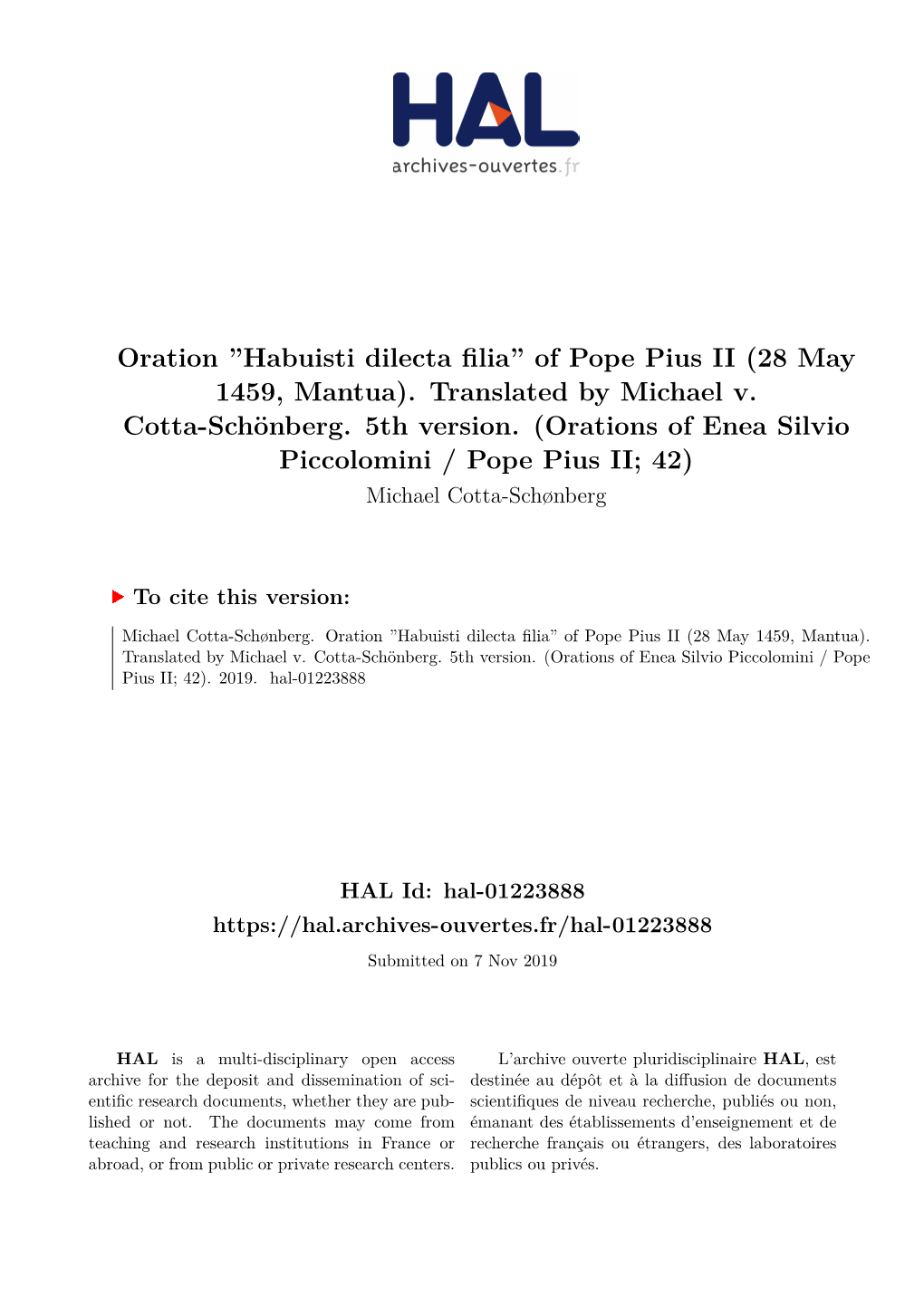 Oration ''Habuisti Dilecta Filia'' of Pope Pius II (28 May 1459, Mantua). Translated by Michael V. Cotta-Schönb