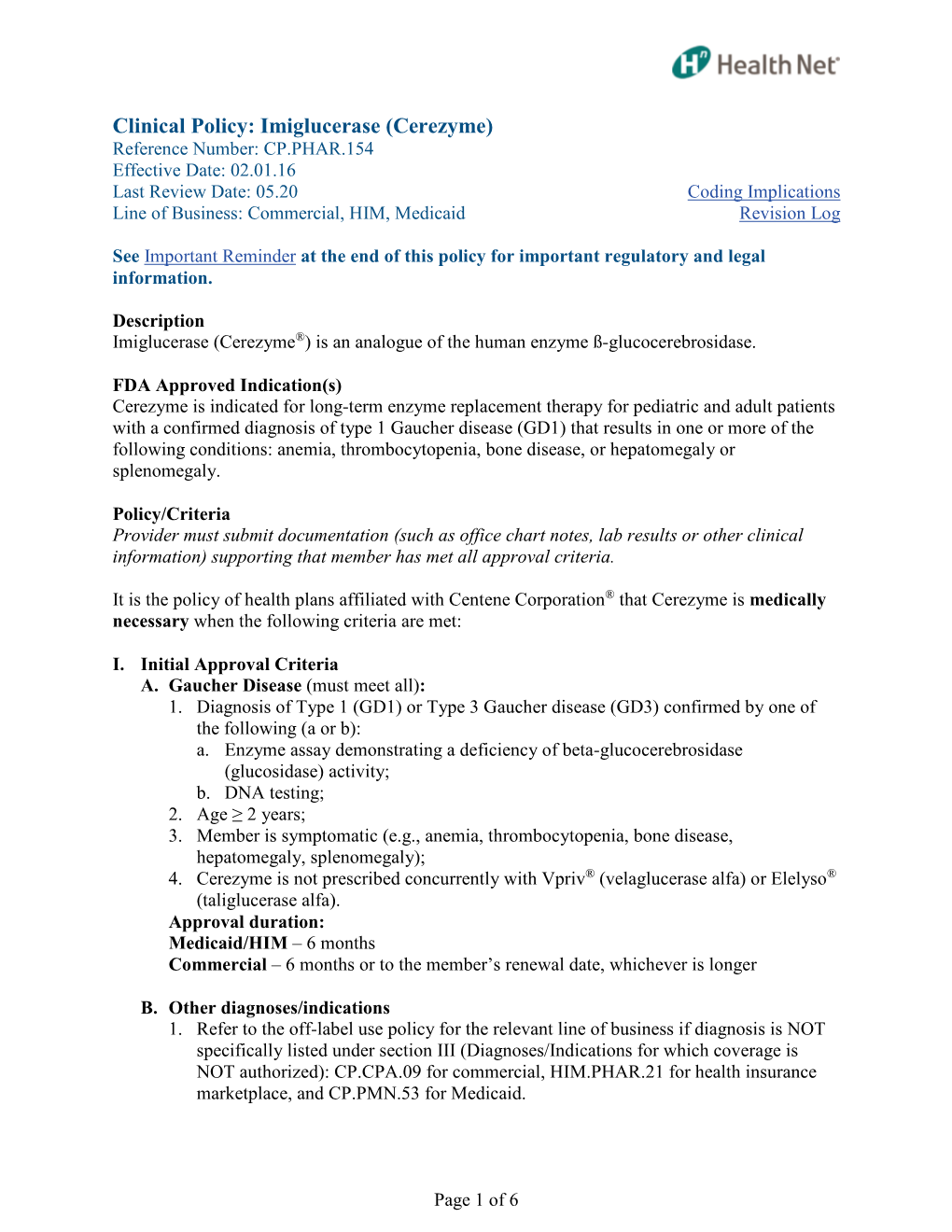 CP.PHAR.154 Imiglucerase (Cerezyme)