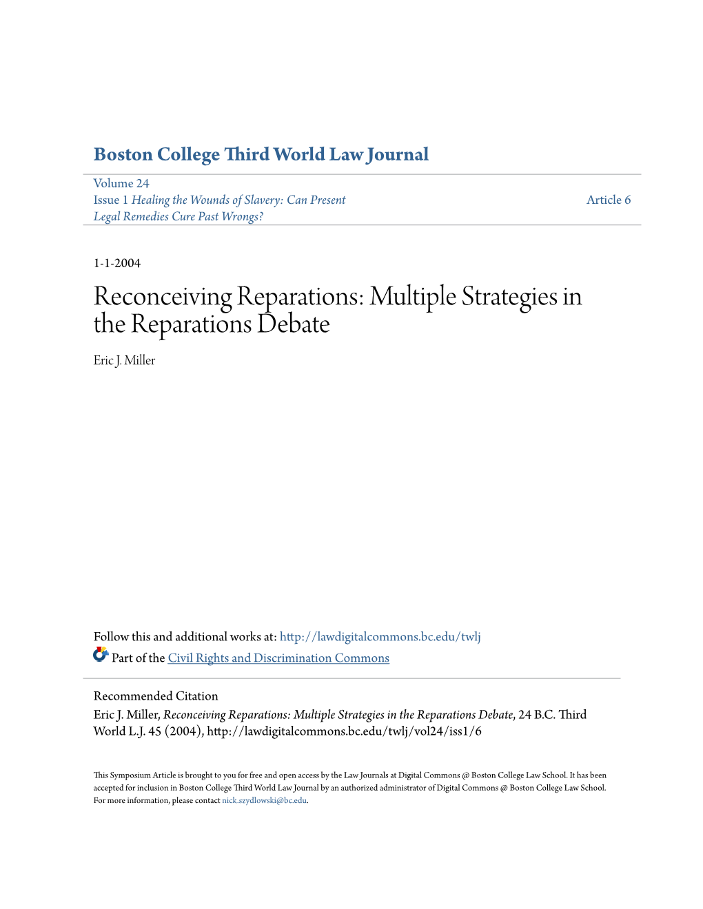 Reconceiving Reparations: Multiple Strategies in the Reparations Debate Eric J