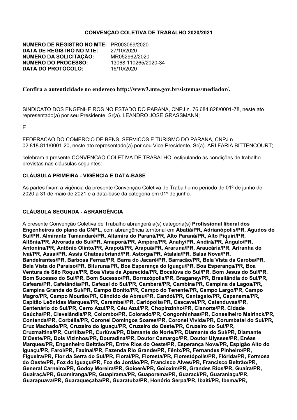 SINDICATO DOS ENGENHEIROS NO ESTADO DO PARANA, CNPJ N