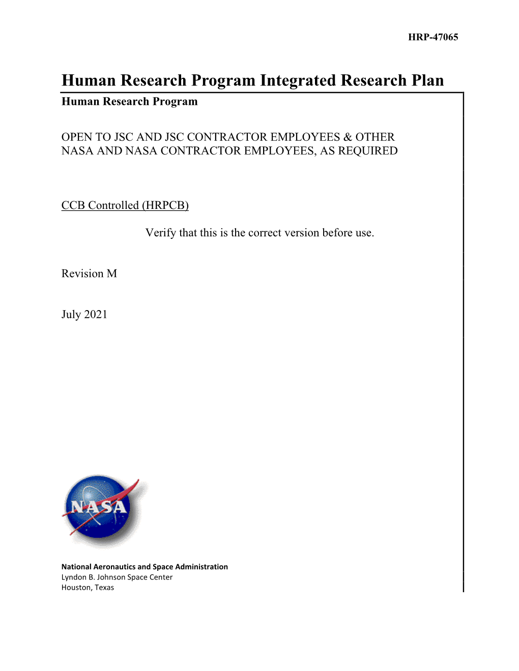 Human Research Program Integrated Research Plan (IRP)