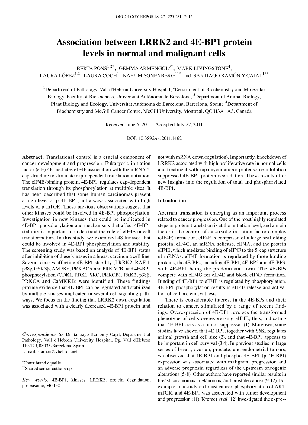 Association Between LRRK2 and 4E-BP1 Protein Levels in Normal and Malignant Cells