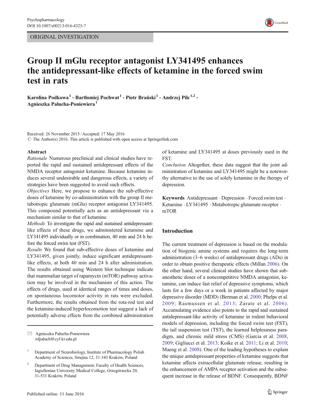 Group II Mglu Receptor Antagonist LY341495 Enhances the Antidepressant-Like Effects of Ketamine in the Forced Swim Test in Rats