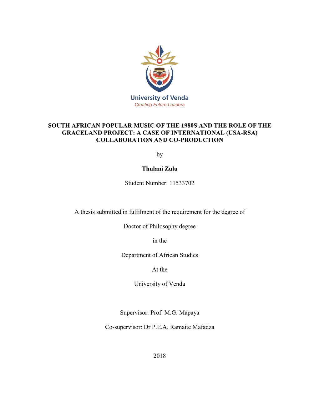 South African Popular Music of the 1980S and the Role of the Graceland Project: a Case of International (Usa-Rsa) Collaboration and Co-Production