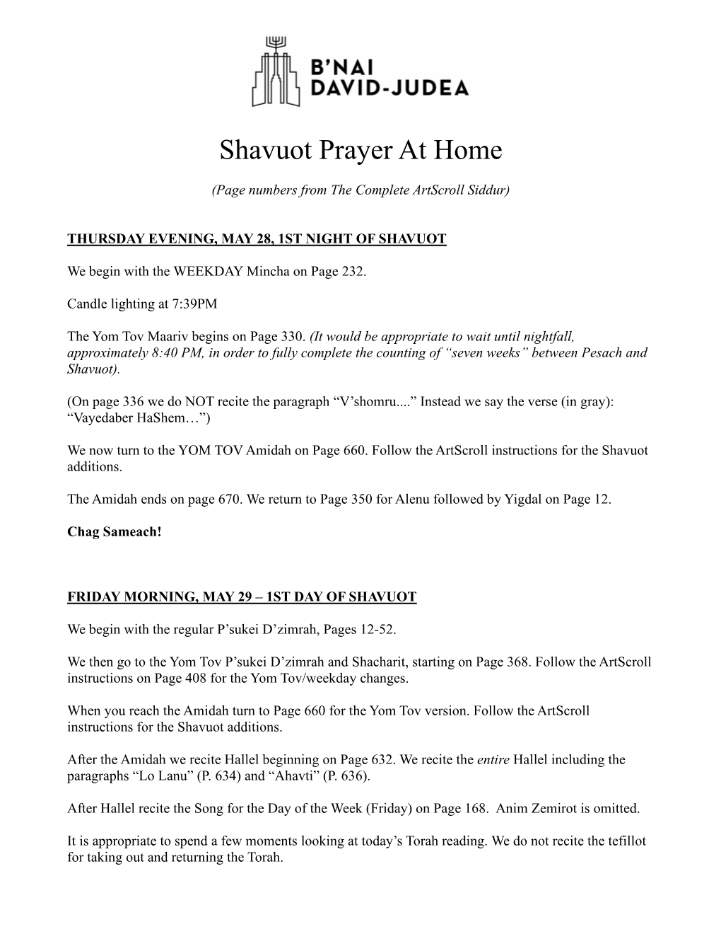 Shavuot Prayer at Home