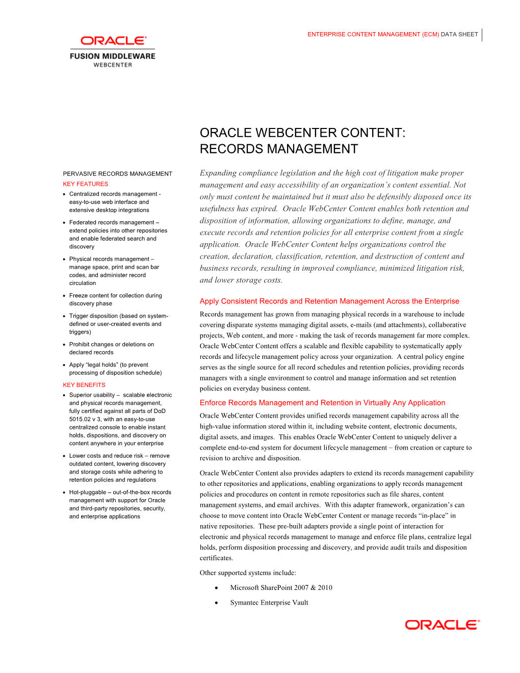 Oracle Webcenter Content Records Management Data Sheet