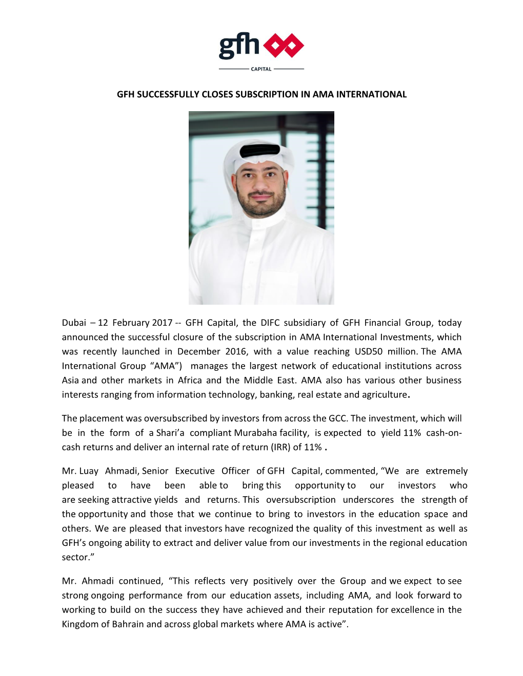 GFH SUCCESSFULLY CLOSES SUBSCRIPTION in AMA INTERNATIONAL Dubai