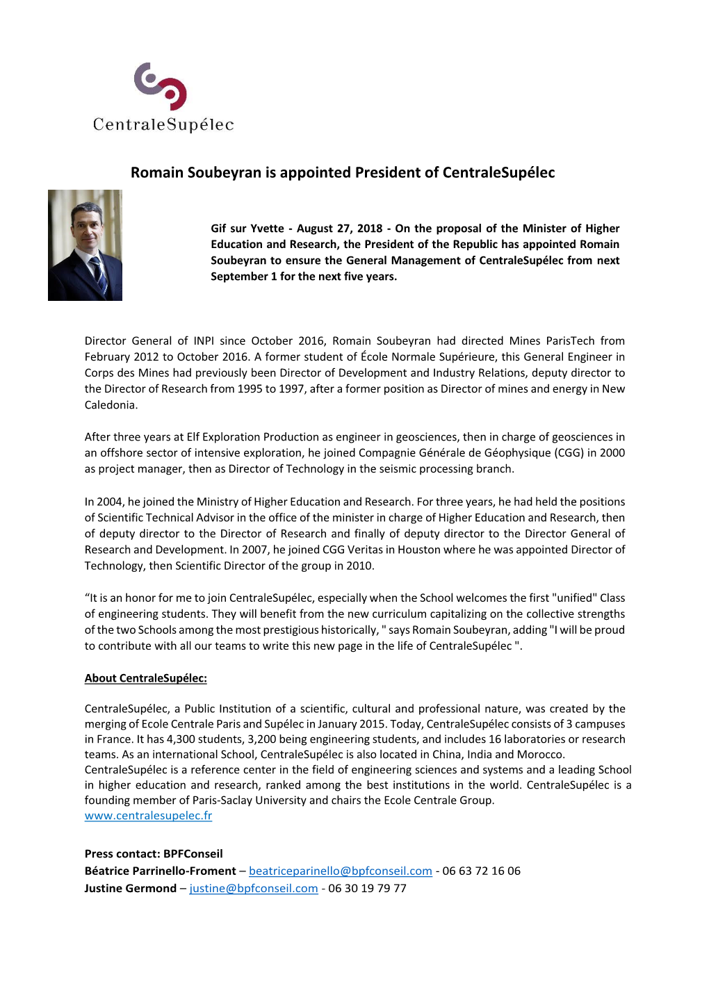Romain Soubeyran Is Appointed President of Centralesupélec