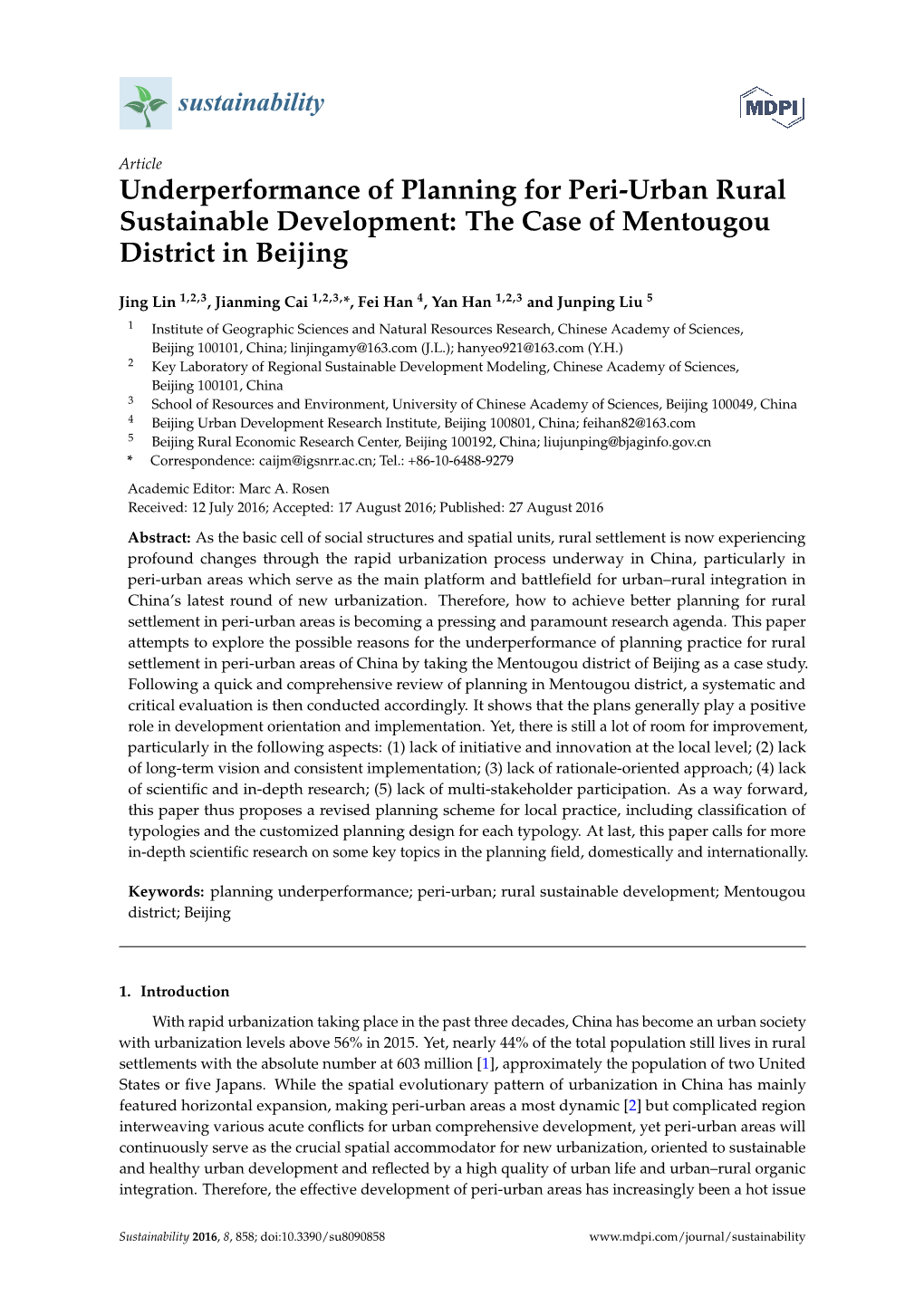 Underperformance of Planning for Peri-Urban Rural Sustainable Development: the Case of Mentougou District in Beijing