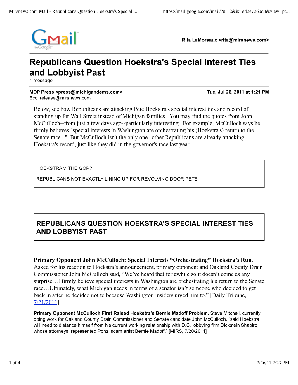 Republicans Question Hoekstra's Special