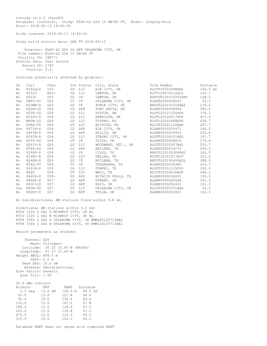 KLHO-LD D26 15 KW-ND PT, Model: Longley-Rice Start: 2018.04.13 14:56:36