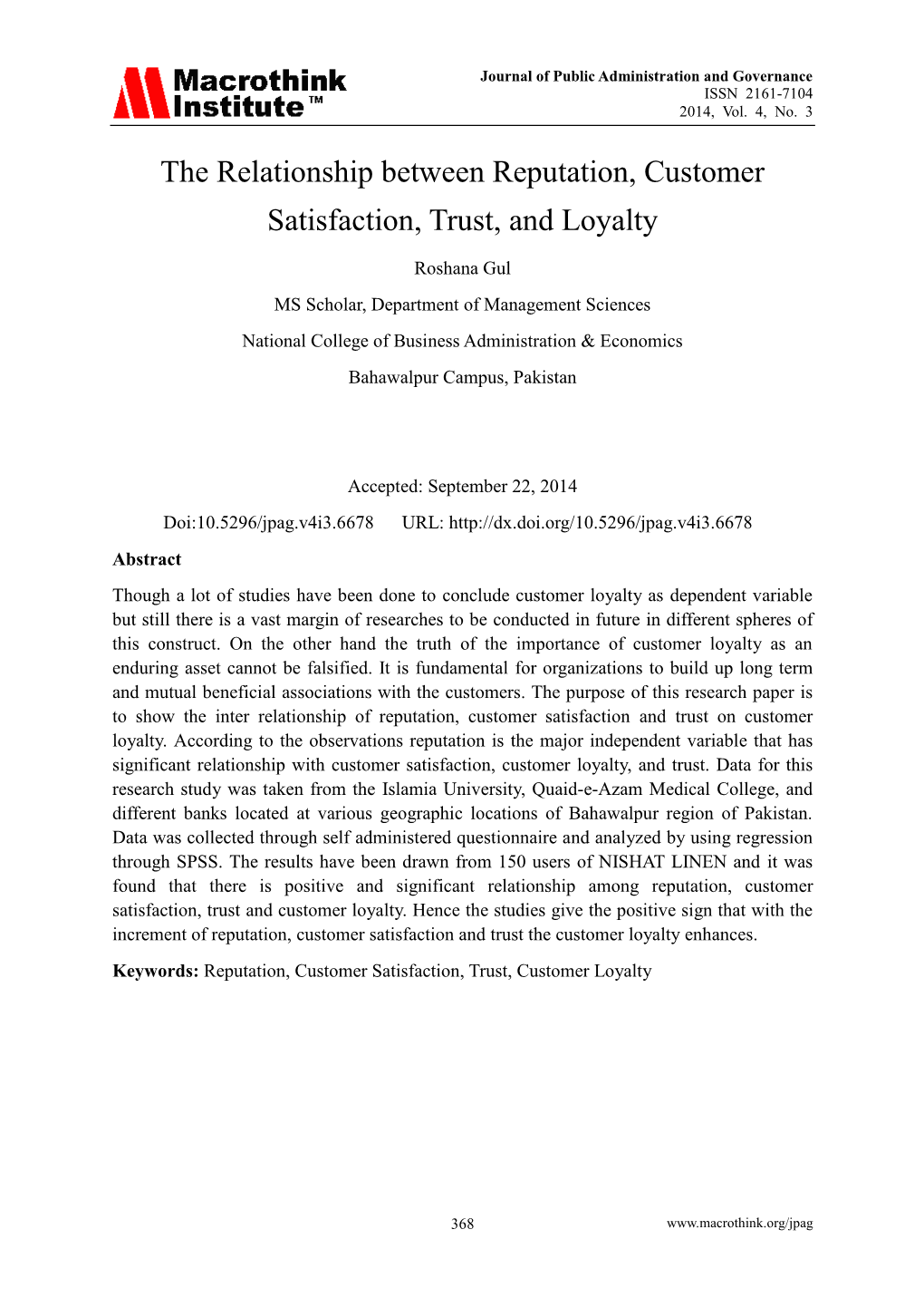 The Relationship Between Reputation, Customer Satisfaction, Trust, and Loyalty