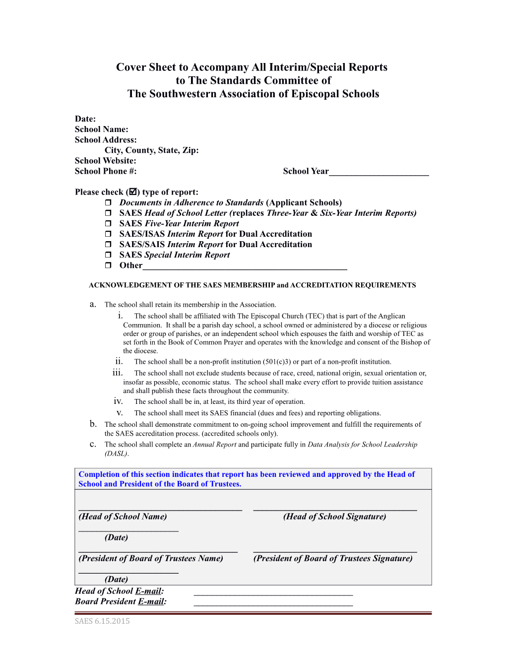 Cover Sheet to Accompany All Reports to the Standards Committee Of