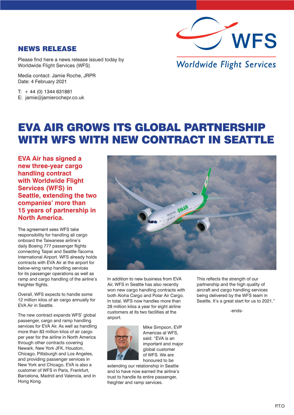 Eva Air Grows Its Global Partnership with Wfs with New Contract in Seattle