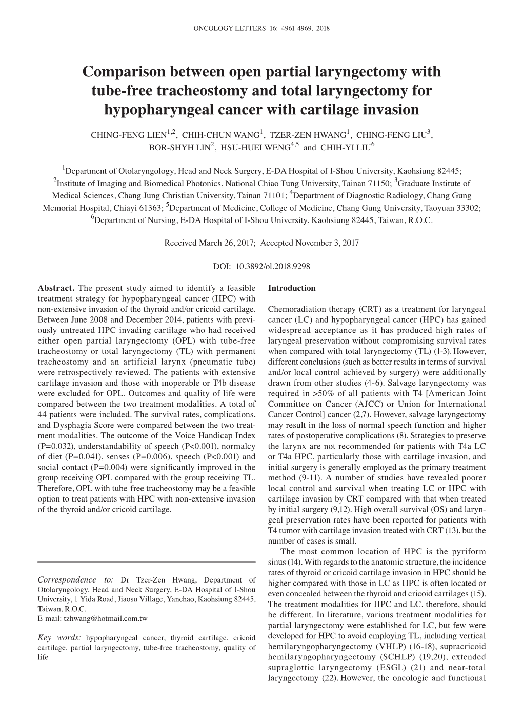 Comparison Between Open Partial Laryngectomy with Tube‑Free Tracheostomy and Total Laryngectomy for Hypopharyngeal Cancer with Cartilage Invasion