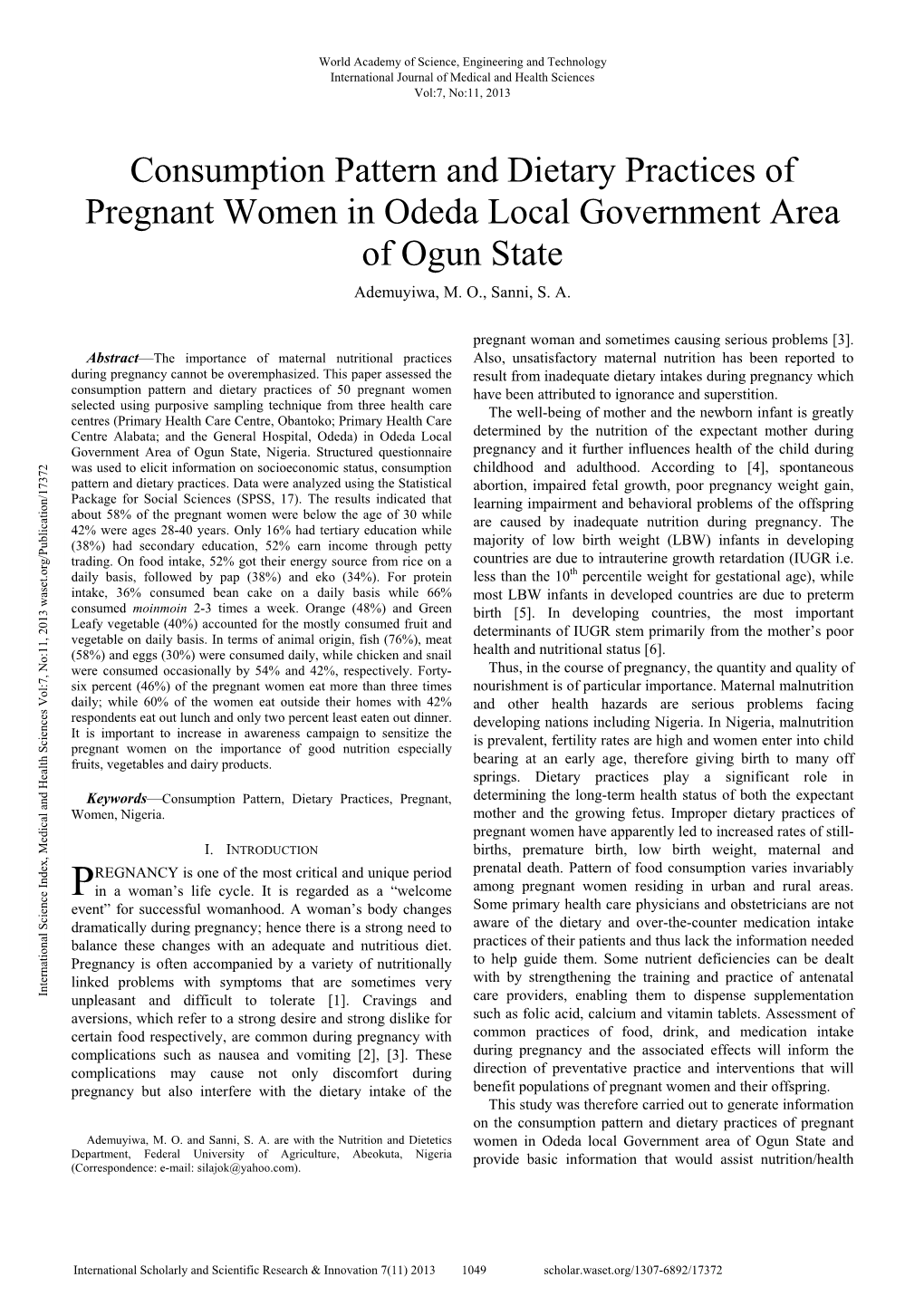 Consumption Pattern and Dietary Practices of Pregnant Women in Odeda Local Government Area of Ogun State Ademuyiwa, M