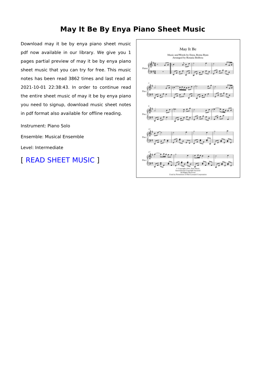 May It Be by Enya Piano Sheet Music