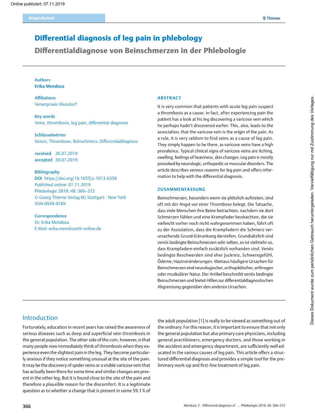 Differential Diagnosis of Leg Pain in Phlebology Differentialdiagnose Von Beinschmerzen in Der Phlebologie
