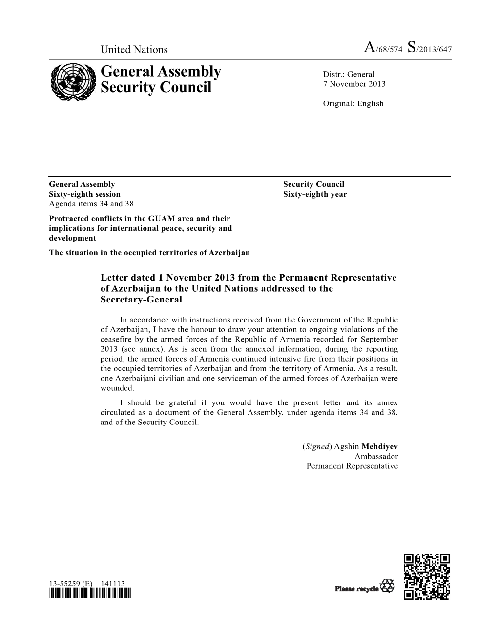 General Assembly Security Council Sixty-Eighth Session Sixty-Eighth Year Agenda Items 34 and 38