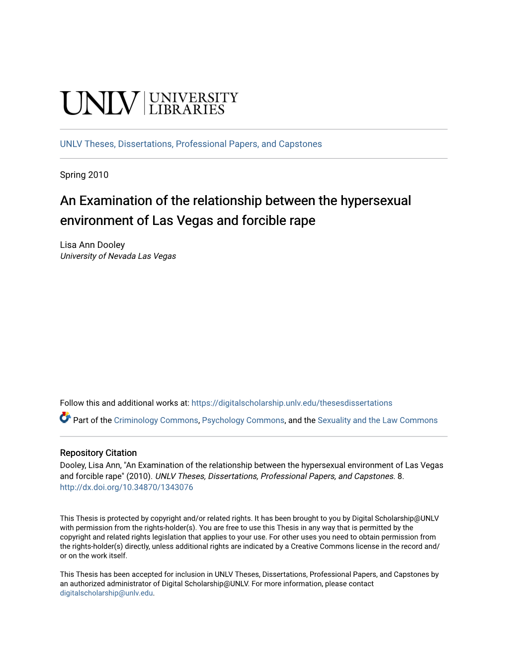 An Examination of the Relationship Between the Hypersexual Environment of Las Vegas and Forcible Rape