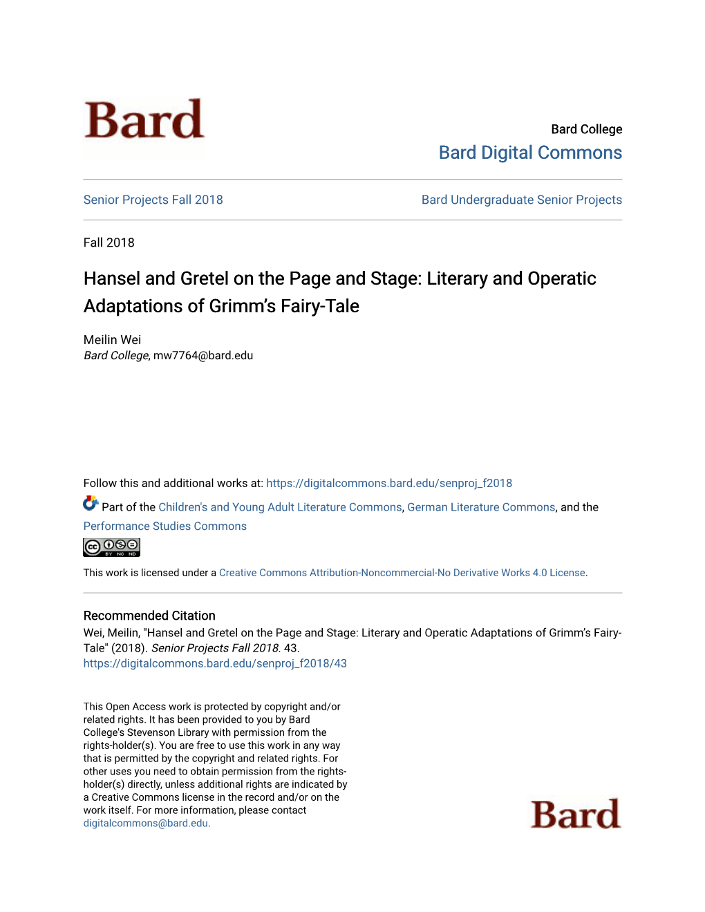 Hansel and Gretel on the Page and Stage: Literary and Operatic Adaptations of Grimm’S Fairy-Tale