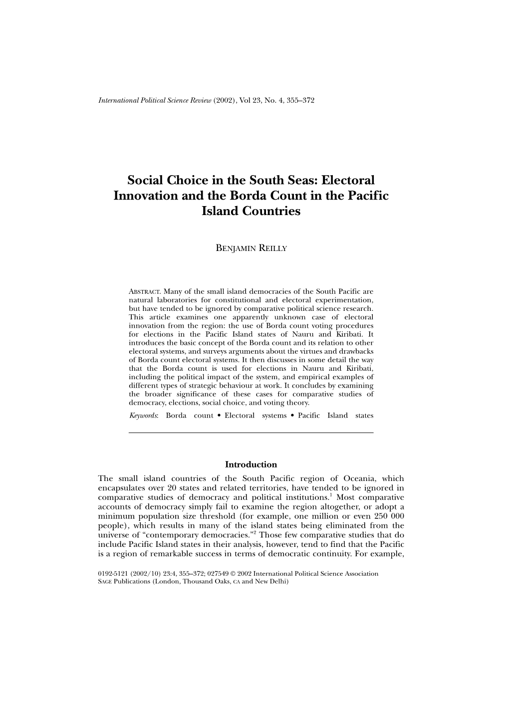 Electoral Innovation and the Borda Count in the Pacific Island Countries