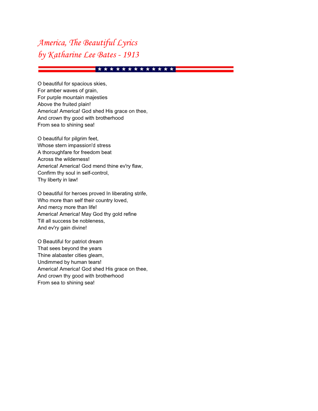 America, the Beautiful Lyrics by Katharine Lee Bates - 1913