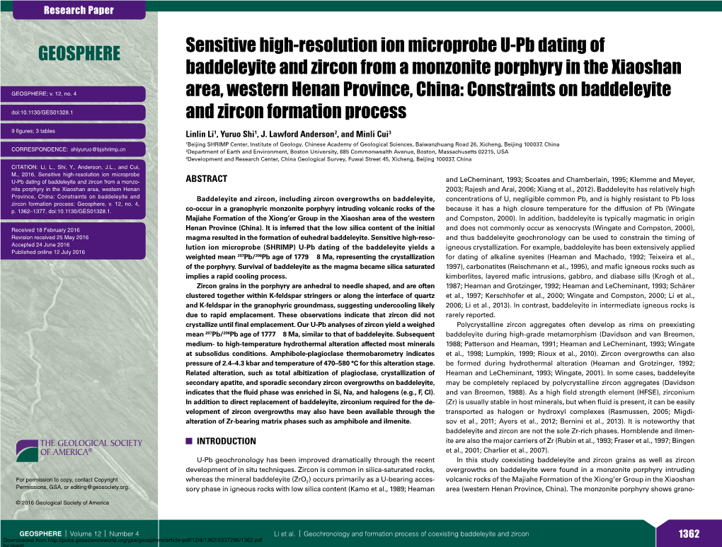 Sensitive High-Resolution Ion Microprobe U-Pb Dating of Baddeleyite and Zircon from a Monzonite Porphyry in the Xiaoshan