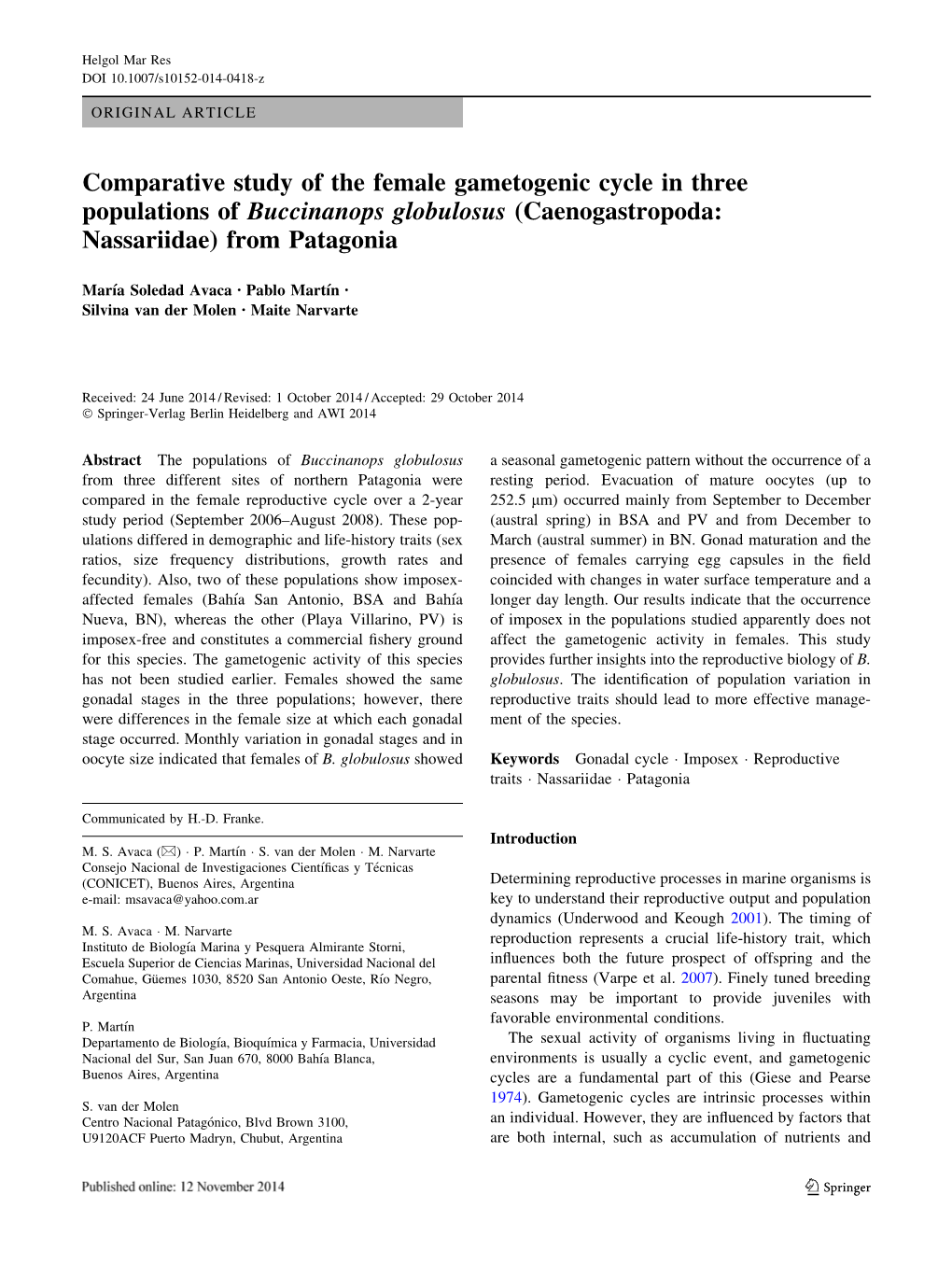 Comparative Study of the Female Gametogenic Cycle in Three Populations of Buccinanops Globulosus (Caenogastropoda: Nassariidae) from Patagonia