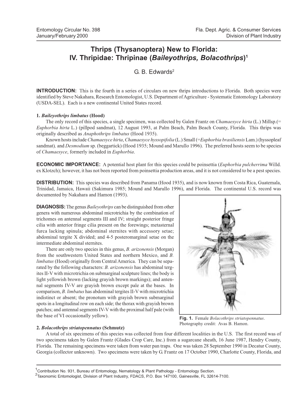 Thrips (Thysanoptera) New to Florida: IV. Thripidae: Thripinae (Baileyothrips, Bolacothrips)1