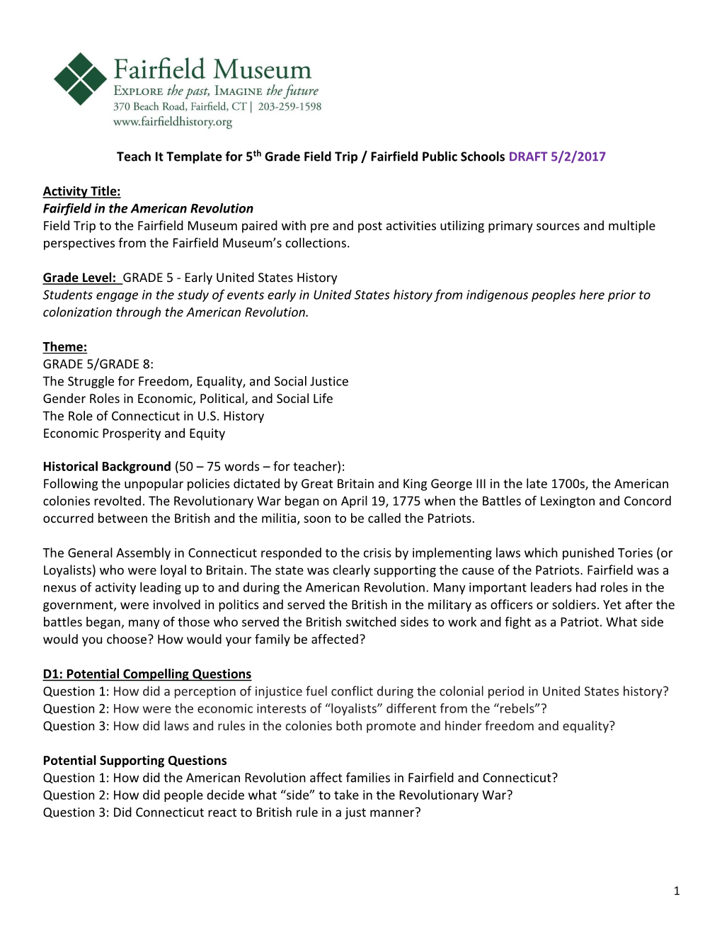 Teach It Template for 5Th Grade Field Trip / Fairfield Public Schools DRAFT 5/2/2017