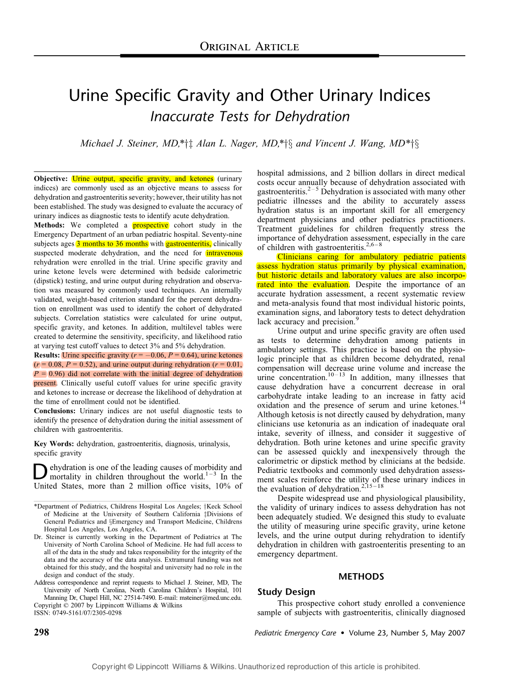Urine Specific Gravity and Other Urinary Indices Inaccurate Tests for Dehydration