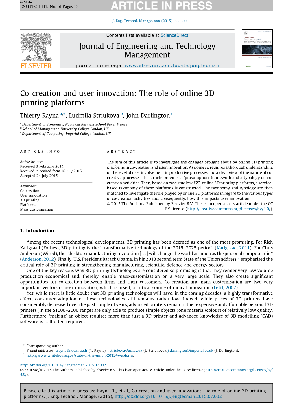 Co-Creation and User Innovation: the Role of Online 3D Printing Platforms