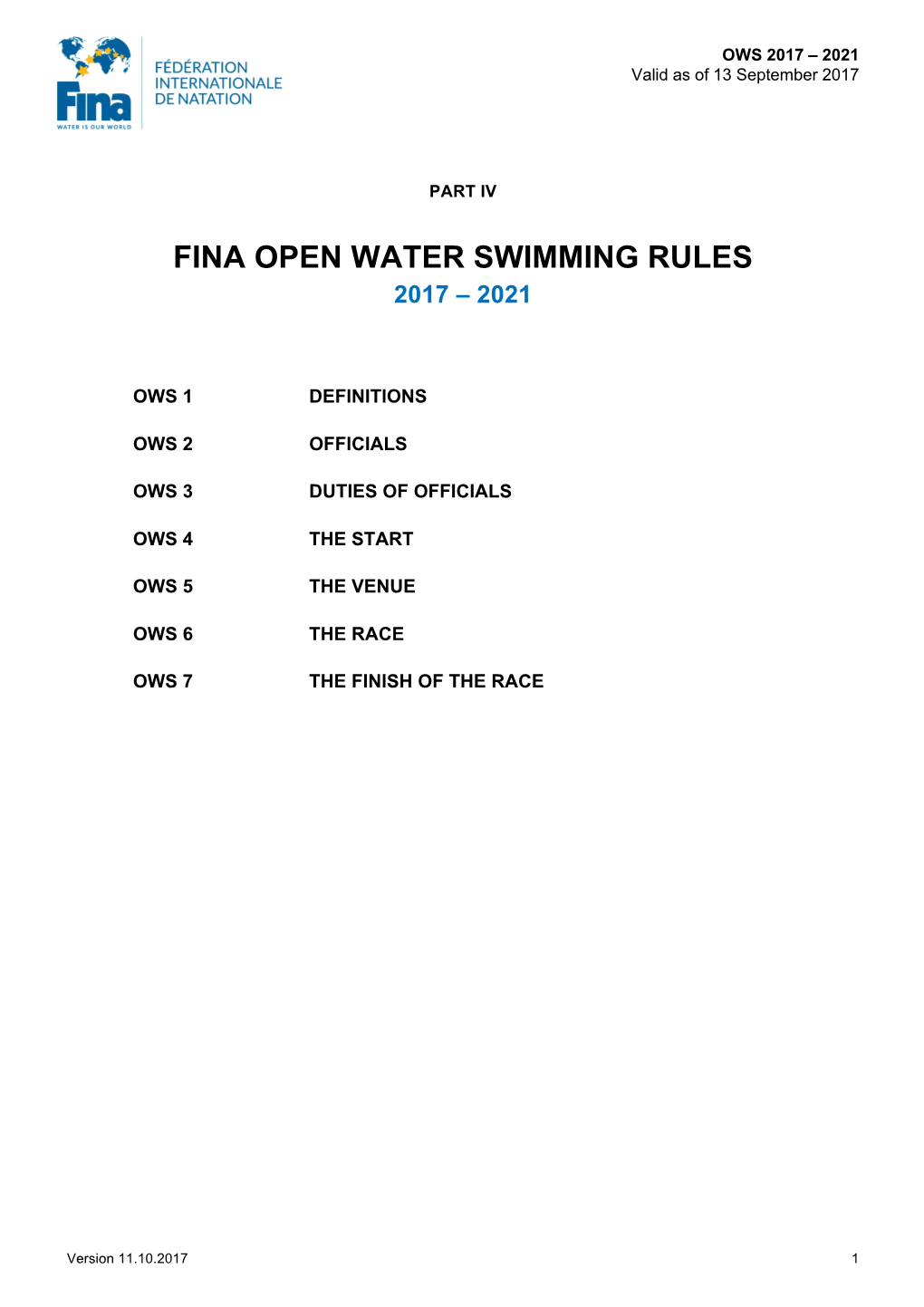 Fina Open Water Swimming Rules 2017 – 2021