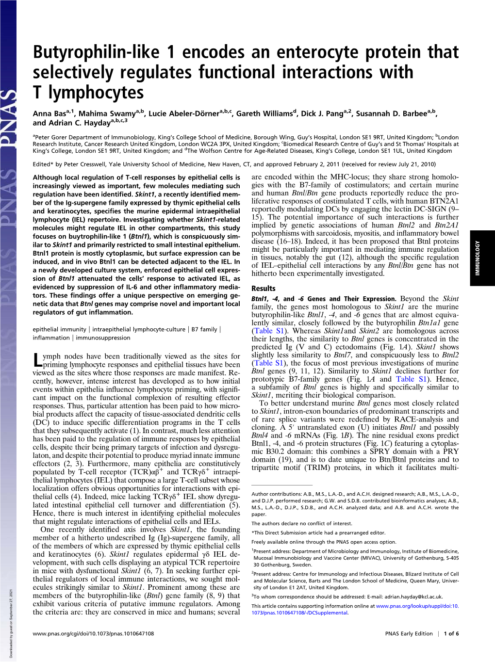 Butyrophilin-Like 1 Encodes an Enterocyte Protein That Selectively Regulates Functional Interactions with T Lymphocytes