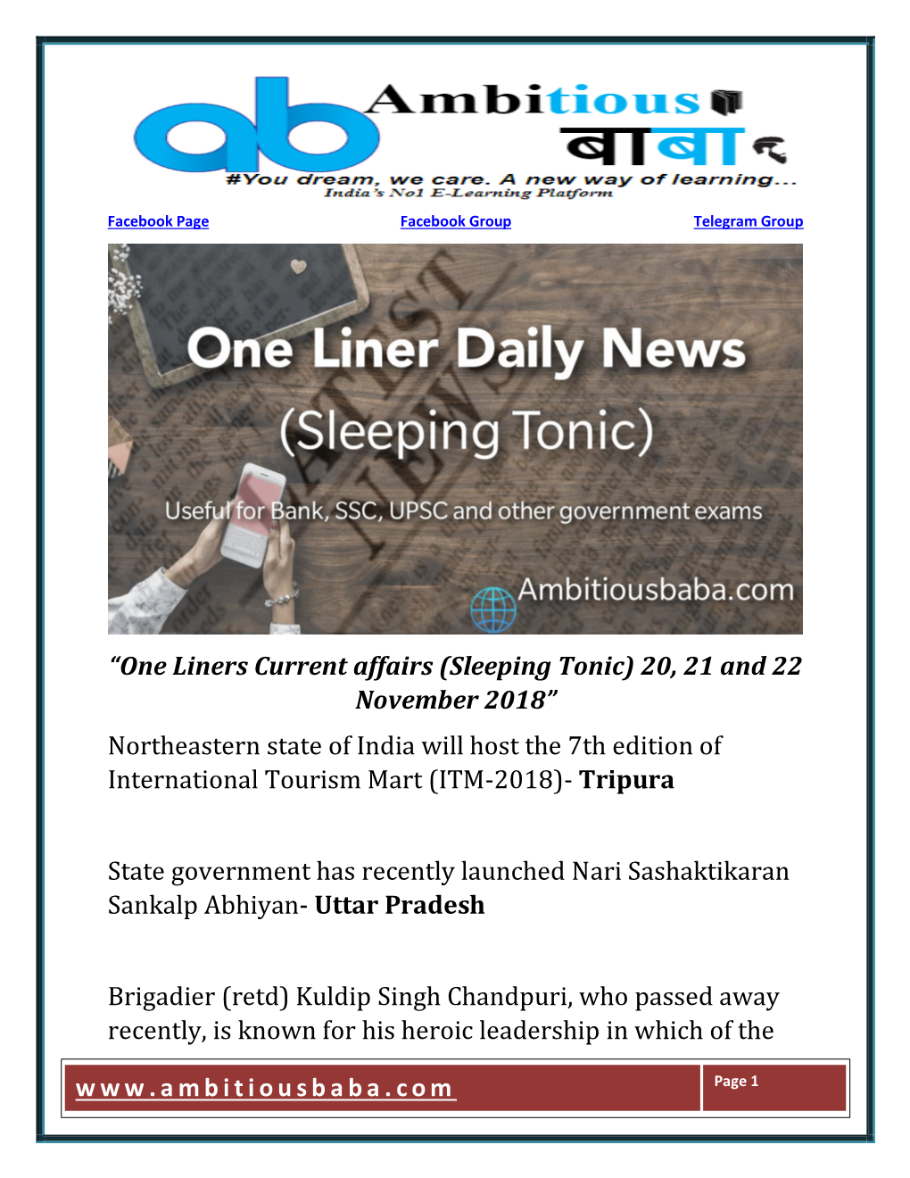 One Liners Current Affairs (Sleeping Tonic) 20, 21 And