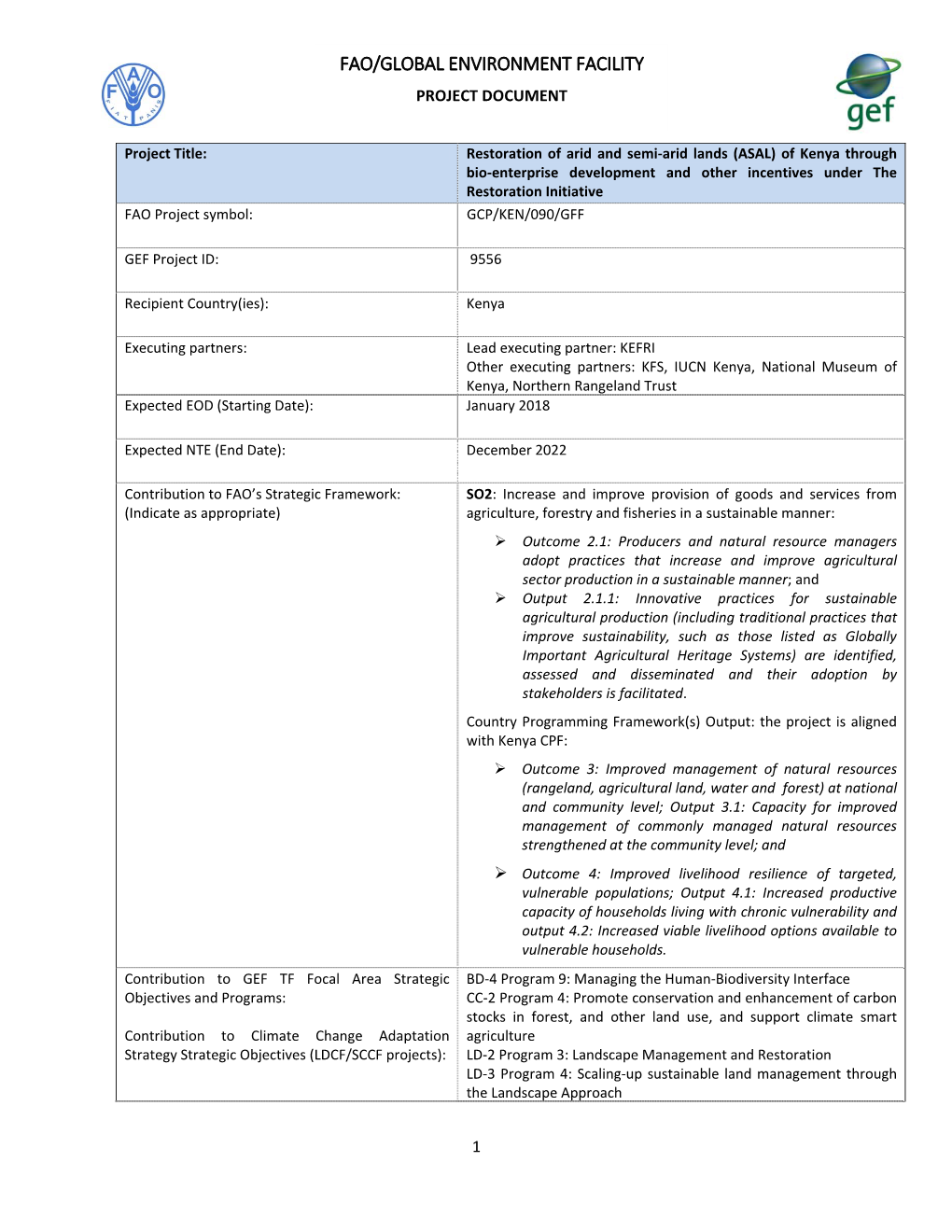 Fao/Global Environment Facility Project Document